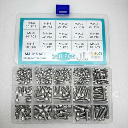 Button Head/Hex Socket/Phillips Flat Head Screws Assortment - Furniture, Auto, Home Repair Fastener Kit (200PCS M3-M5 Hexagon Screws Set) - color: 200PCS M3-M5 Hexagon Screws Set