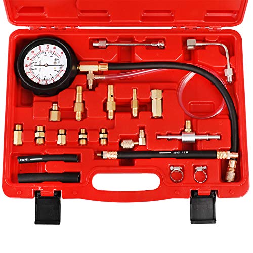 JIFETOR Fuel Injection Pump Pressure Tester Gauge Kit TU-114 | Car Gasoline Gas Fuel Oil Injector Test Manometer Tool Set 0-140PSI, Universal for Auto Truck SUV Motorcycle ATV RV Red Case - color: Red Case
