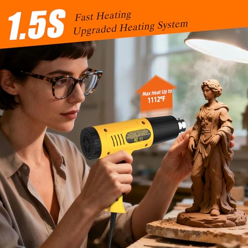 Heat Gun 1300W for Vinyl Wrap,Crafting,Shrink Tubing,Paint,Epoxy Resin,Candle Making,Adjustable Temperature,Overload Protection Hot Air Gun Kit Nozzles (Yellow, Two-Gear Button Temperature Control)