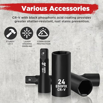 29 Pieces 1/2" Socket Set, Drive Deep Impact Socket Set with 3", 5", 10" Extension Bars, 6 Point SAE and Metric (3/8"-1", 10mm-24mm), Cr-V Steel - style: 1/2-29PCS