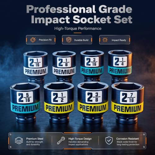 3/4” Drive Impact Socket Set, 2-1/16”-2-1/2” Axle Nut Sockets, 8pcs Shallow Jumbo Sockets, SAE, 6 Point, Cr-V, Repair Tools for Installing and Removing Stubborn Spindle Nuts and Bolts - size: 3/4"SAE