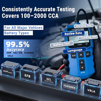 TOPDON Car Battery Tester 12V Automotive, BC100 Alternator Diagnostic Tool | 100-2000 CCA Load Tester,2026 New 3 in 1 Charging & Cranking Analyzer for Car Truck Motorcycle ATV SUV Boat Yacht and More