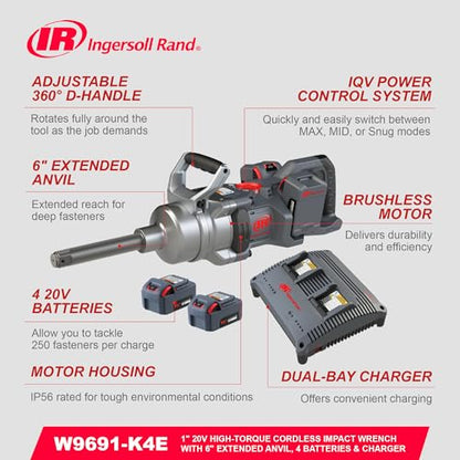Ingersoll Rand W9691-K4E Cordless 1" High-Torque Impact Wrench Kit with 2" Extended Anvil, Includes 4 BL2022 5.0Ah Batteries and Dual-Bay Charger - size: Extended Anvil, style: 4 Battery Kit