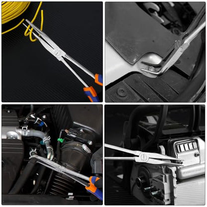 4 PCS 11 Inch Long Reach Pliers Set with Handle, Extra Long Needle Nose Pliers Set with Straight, 45°, 90° Bent Needle Nose and Circle Nose for Narrow Spaces - size: 11 Inch - 4 PCS