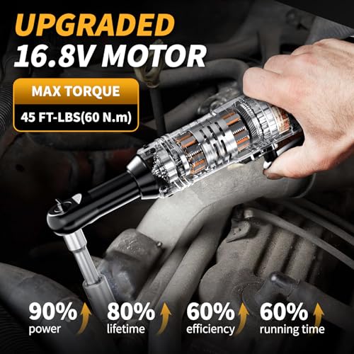 FULLYEA Cordless Electric Ratchet Wrench Set, 550RPM, 45Ft-lbs, 16.8V Extended cordless ratchet wrench 3/8, Power Ratchet with Variable Speed, 1/4" Adapter, 2 * 2.0Ah Battery and Fast Charger(Yellow)