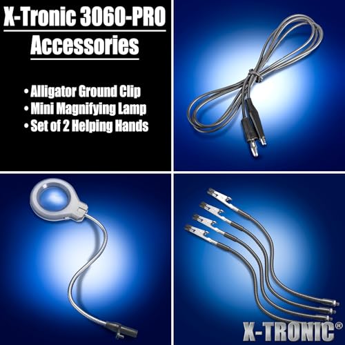 X-Tronic 3060-PRO • 75W Soldering Iron Station Kit • 5 Extra Tips • Mini Mag Lamp • 4 Helping Hands • Solder Sucker • Tweezers • 50g Solder • Brass Sponge w/Flux • Sleep Func, °C/°F, 3 Temp Presets! - style: PRO - w/5 Solder Tips & All Accessories