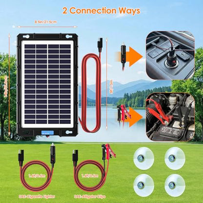 Rhorawill 8W 12V Solar Battery Charger & Maintainer, Waterproof Solar Panel Trickle Charging Kit Built-in Charge Controller, Solar Trickle Charger for Car Boat RV Motorcycle Trailer Automotive, etc.