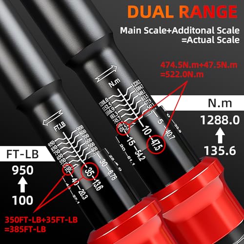 3/4-Inch Drive Torque Wrench 100-950ft.lb/135.58-1288.03Nm, ±3% Precision Dual Direction Torque Wrenches with 48-Tooth Dual Range Scales with Ft.Lbs and N.m - size: 3/4" DR.『100-950 FT.LB』