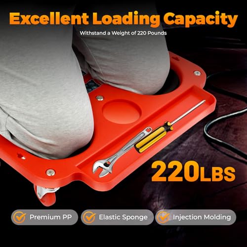 Heavy Duty Knee Mat with Wheels, Lightweight Knee Crawler, Supports up to 220lbs, Ergonomic Cushion for Mechanics, Builders & Gardeners, Includes Tool Tray & Carry Handle