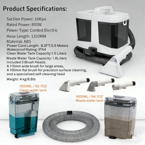 Foandbevi Carpet & Upholstery Cleaner Machine, 16KPa Spot Shampooer for Pet | 800W Motor Self-Cleaning 3 in 1 Tough Stain Tool, Lightweight Spot Stain Remover for Couch, Car Detailing, Rugs & Stairs