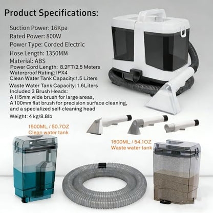 Foandbevi Carpet & Upholstery Cleaner Machine, 16KPa Spot Shampooer for Pet | 800W Motor Self-Cleaning 3 in 1 Tough Stain Tool, Lightweight Spot Stain Remover for Couch, Car Detailing, Rugs & Stairs