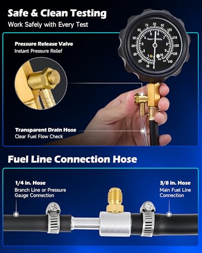 OMT Fuel Injection Pressure Tester Kit With 140 PSI Gauge, Quick Fittings | Durable Brass & Aluminum Connectors; Gasoline Pump Diagnostic Hoses; Vehicle Maintenance; For Professional Auto Mechanics