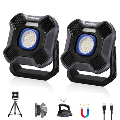 WORKPRO Magnetic Work Light, 4000mAh Rechargeable LED Work Lights, 2000LM | Portable Flood Light with Stand - for Camping, Fishing, Car Repair, Emergency, Job Site Lighting, Mechanic Light with 5 Modes