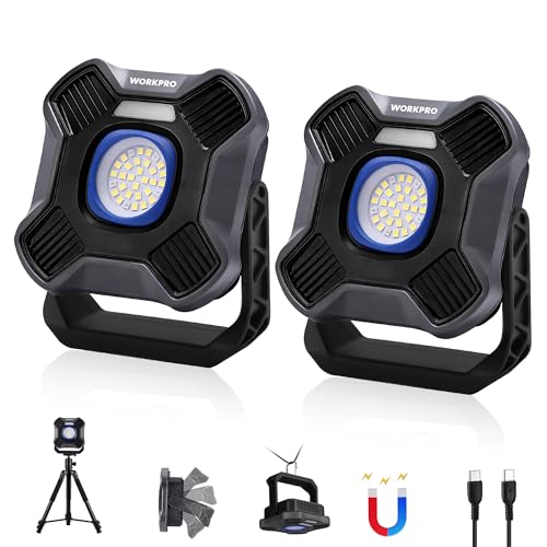 WORKPRO Magnetic Work Light, 4000mAh Rechargeable LED Work Lights, 2000LM | Portable Flood Light with Stand - for Camping, Fishing, Car Repair, Emergency, Job Site Lighting, Mechanic Light with 5 Modes