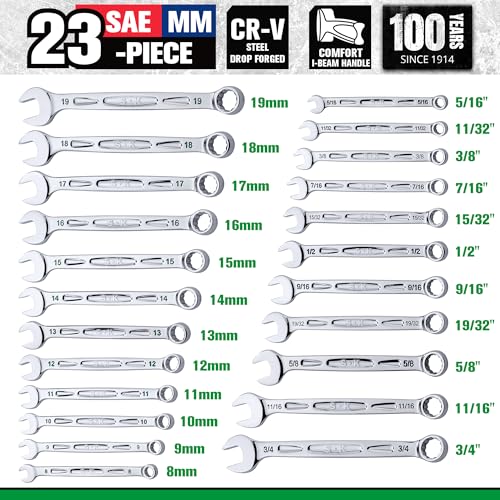 SK Combination Wrench Set, SAE 5/16" to 3/4", Metric 8 to 19mm, 23-Piece, SuperKrome Finish, Premium CR-V Construction, with Rolling Pouch - size: Metric & SAE