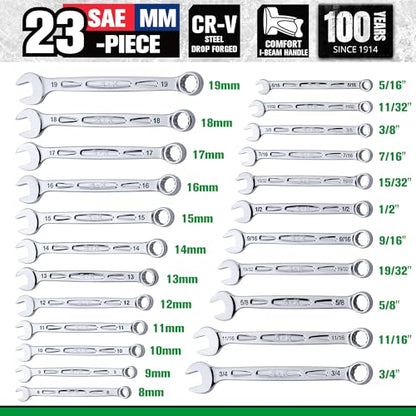 SK Combination Wrench Set, SAE 5/16" to 3/4", Metric 8 to 19mm, 23-Piece, SuperKrome Finish, Premium CR-V Construction, with Rolling Pouch - size: Metric & SAE