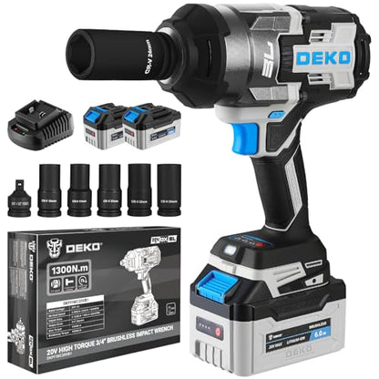 DEKOPRO Cordless Impact Wrench 20V 3/4" High Torque Power Electric Impact Gun with 5 Sockets 2 Batteries, 1300Ft-lbs(1800N.m) for Vehicle Assembly, Equipment Maintenance, Building Construction