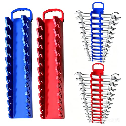 Wrench Organizer 2 Pack, Blue Magnetic Wrench Holder Rack for Tool Box, Tool Cart and Garage Workshop, Magnetic Wrench Organizer for SAE Metric Hand Tool Storage - size: 2Pcs Wrench Racks