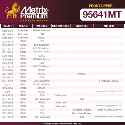 Metrix Premium Chassis Parts - 2 PC Front Upper Ball Joint Kit Fits 75-87 Chevrolet C20, 71-74 C20 Pickup, 71-86 C20 Suburban, 75-78 GMC C25, 75-78 C25 Suburban, 71-74 C25/C2500 Pickup K6122 - size: K6122 x2/ PAIR