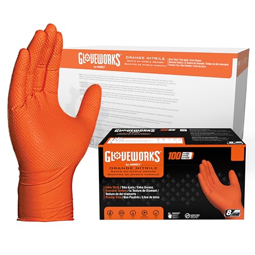 GLOVEWORKS Orange Nitrile Work Gloves, 8 Mil Disposable Heavy Duty, Raised Diamond Grip Mechanic Glove, XL, Case of 1000 - size: X-Large, style: 1 Case of 1000