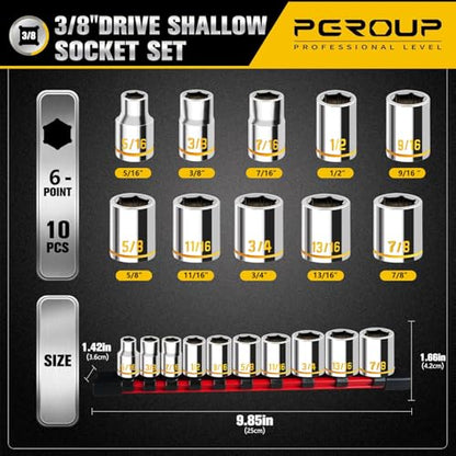 10 PCS 3/8-Inch Drive Shallow Socket Set, Standard SAE, 5/16"- 7/8", 6 Point, Embossed and Painted Marking, Mirror Chrome Finish,Cr-V Steel With Rail - size: SAE (5/16"-7/8")