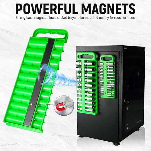 Reniteco Magnetic Socket Organizer Set, 3-Pack, 1/4" 3/8" 1/2" Socket Tray | 76-Socket Capacity, 1/4" 22 Pallets, 3/8" 28 Pallets, 1/2" 26 Pallets, Fits Shallow & Deep Sockets, Sockets Not Included - color: Green