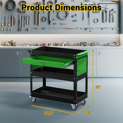 3 Tier Rolling Tool Cart on Wheels, 550 LBS Tool Cart with Drawers，Heavy Duty Utility Cart with Pegboard and Hooks，Mechanic Tool Storage Cart for Garage, Warehouse (Black-Green) - color: Black-green