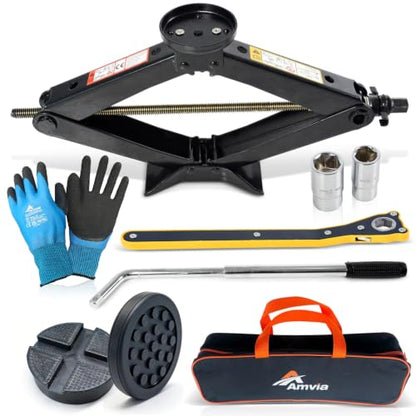Car Jack Kit 3 Ton Scissor Jack with Cross Pad & Flat Pad Tire Jack Tool | Portable emergency kit, +1" extra lift, Low-profile vehicles, Lug wrench included, Work gloves, Storage bag