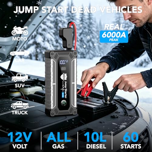 Car Jump Starter 6000A, Portable Jump Starter 12V Car Battery Booster Jump Box Pack for All Gas & 10.0L Diesel Engines with 3 Modes Flashlight and Jumper Cables (6000A+Charger Block) - color: 6000A+Charger Block