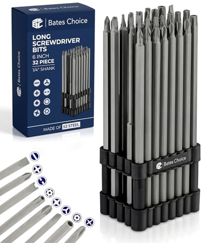 Bates- Long Screwdriver Bits, 6 Inch, 32 pcs, 1/4" Shank, S2 Steel, Long Screwdriver Bit Set