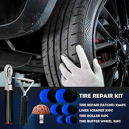 34Pcs Tire Repair Patch Tools Tire Patch Kit, Tire Repair Kit Tire Patch Roller Tungsten Steel Buffing Wheel with Inner Liner Scraper 30Pcs Tire Patches for Car Motorcycle Bike (55 mm) - size: 55 mm