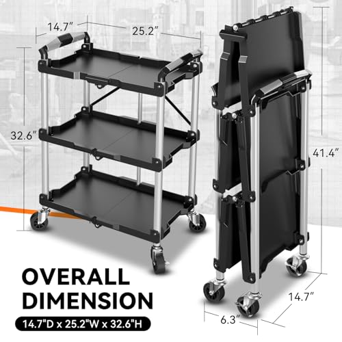Auto Dynasty 3-Tier Folding Utility Cart with Wheels Lockable, 265LB Heavy Duty Collapsible Service Cart Foldable Rolling Carts for Home, Garage, Warehouses, Restaurants, Workshops - style: Foldable Cart
