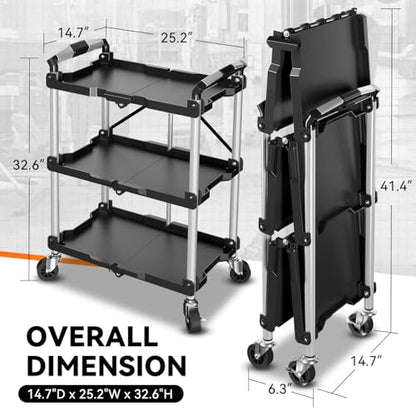 Auto Dynasty 3-Tier Folding Utility Cart with Wheels Lockable, 265LB Heavy Duty Collapsible Service Cart Foldable Rolling Carts for Home, Garage, Warehouses, Restaurants, Workshops - style: Foldable Cart