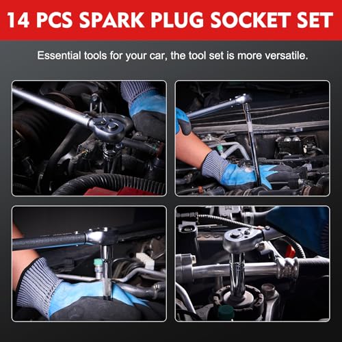 WIILDIS 14 PCS 3/8 Inch Drive Spark Plug Socket Set with Click Torque Wrench（5-45 Lb.ft/6.8-61.2 Nm）, Magnetic Swivel Sockets, Universal Joint, Extension Bar, Cr-V Steel - size: 14 PCS