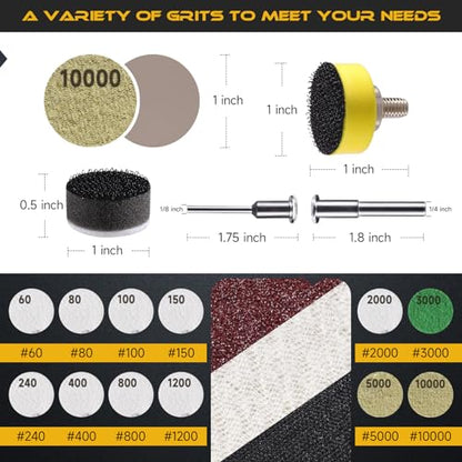 365 PCS 1 Inch Wet Dry Sanding Discs 60-10000 Grit Hook and Loop Sandpaper | Rotary Tool Accessories with 1/8" 1/4" Shank, Backing Pad, Polishing Pads, Foam Pads for Auto Metal Glass Resin Wood Jewelry - color: 1 Inch Sanding Discs