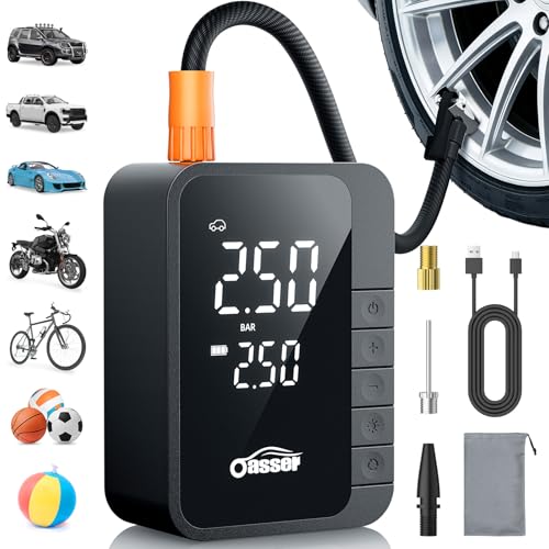 Oasser Tire Inflator Portable Air Compressor Air Pump for Car Tires | Digital Dual Values Display,6000mAh,150PSI,Type-C USB Charging,30cm Hose,Storage Bag Mini Bike Pump for Car Motor Bike Ball