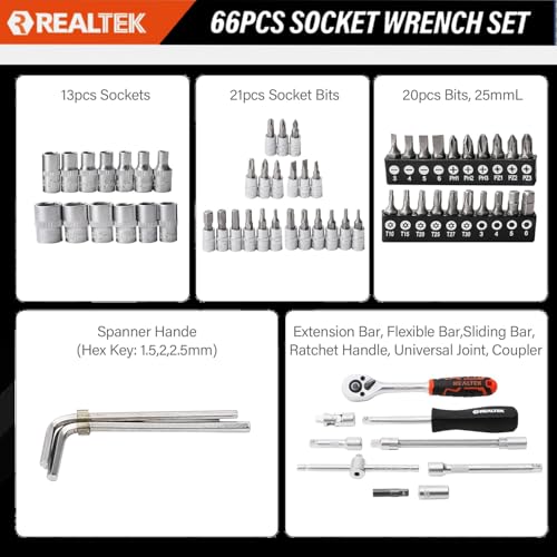 REALTEK 66 Pieces 1/4 inch Drive Socket Set, Ratchet Set with 72 Tooth Reversible Ratchet & Bit Socket Set, Professional Tool Set for Auto Repairing and Household - size: 66 Pieces 1/4" Drive Socket Set
