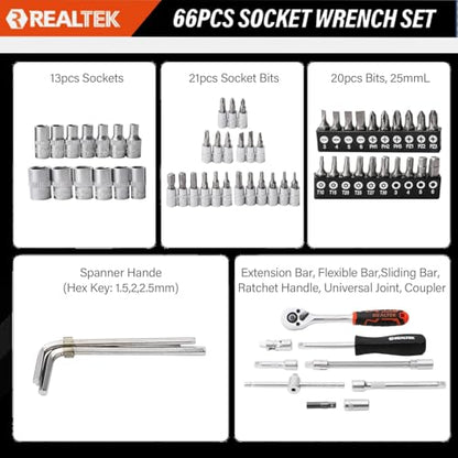 REALTEK 66 Pieces 1/4 inch Drive Socket Set, Ratchet Set with 72 Tooth Reversible Ratchet & Bit Socket Set, Professional Tool Set for Auto Repairing and Household - size: 66 Pieces 1/4" Drive Socket Set