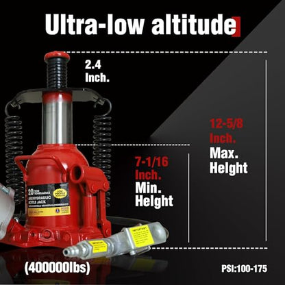 BIG RED TQ20006D-1 Torin Welded Low Profile Pneumatic Hydraulic Car Bottle Jack: Aluminum Alloy Pump and Unique Slow Release Equipment for Auto Repair and House Lift, 20 Ton (40,000 LBs) Capacity, Red - style: 20 Ton(40,000 LBs)-New Lowprofile