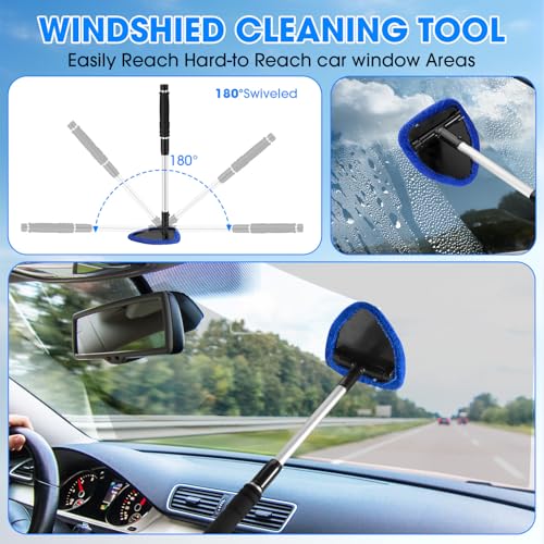 Windshield Cleaner Tool, Car Interior Cleaning Kit with Extendable Handle and 3 Reusable Microfiber Pads, Auto Glass Wiper and Detailing Brush Kit for Car & Home Window, Blue - color: Blue