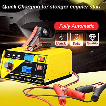 12V 24V Car Battery Charger, 15A Lead-Acid Lithium Battery Charger, Smart Trickle Charger Maintainer, Deep Cycle Battery Repair Charger Automotive Desulfator for Car Motorcycle Truck Boat Lawn Mower - color: 2) - 12V/24V 15Amp (Yellow)