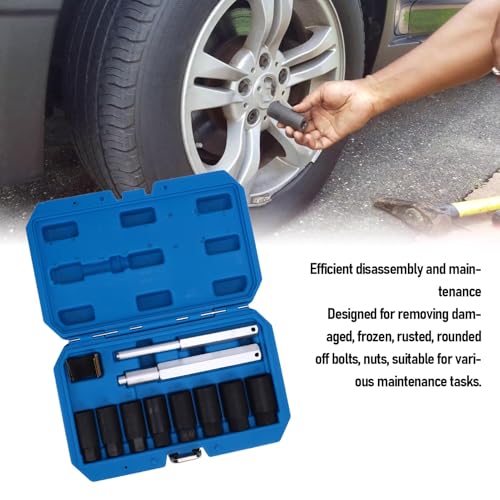 Alomejor Wheel Lock Removal Kit CR MO Steel Lug Nut Extractor Kit 1 2in Drive 10 Piece with 8 Sizes Reverse Spiral Grip for Cars SUVs Trucks Boats Home Repair