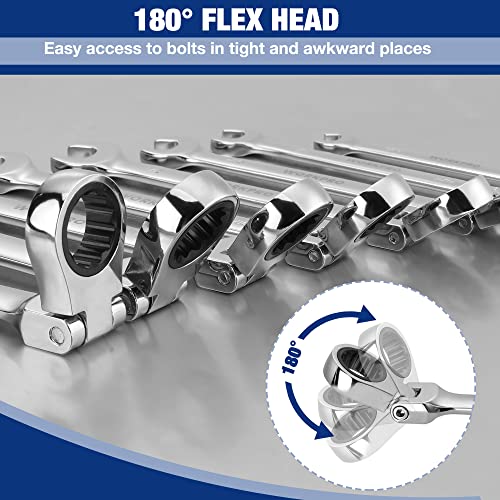 WORKPRO 8-piece Flex-Head Ratcheting Combination Wrench Set, Metric 8-17mm, 72-Teeth, Cr-V Constructed, Mirror Polished Chrome Plated with Roll Up Pouch - size: Metric, style: Mirror Polished