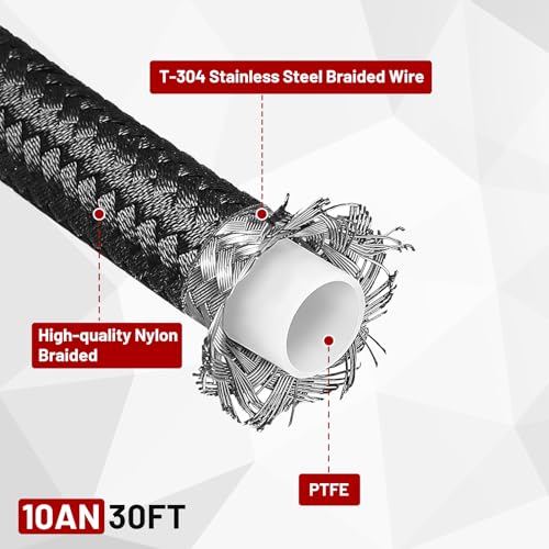 10AN 30FT PTFE Fuel Line Hose Kit, AN10 E85 Nylon Stainless Steel Braided Fuel Hose with 10 PCS Swivel PTFE Fuel Hose End Fittings Adapter Kit - Black - color: Black, size: 10AN Fitting+30Ft Hose