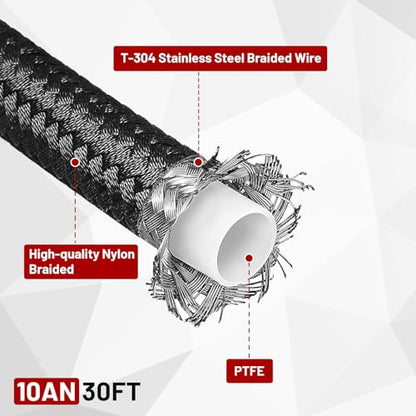 10AN 30FT PTFE Fuel Line Hose Kit, AN10 E85 Nylon Stainless Steel Braided Fuel Hose with 10 PCS Swivel PTFE Fuel Hose End Fittings Adapter Kit - Black - color: Black, size: 10AN Fitting+30Ft Hose
