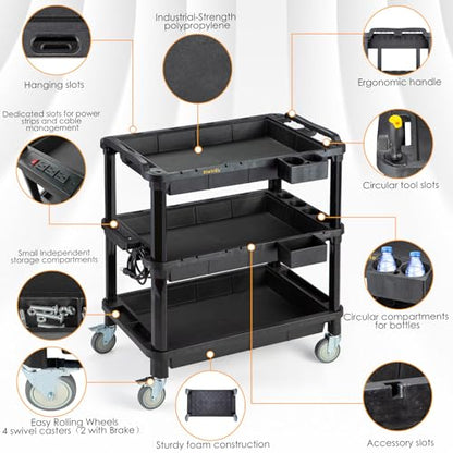 ELAFROS 3-Shelf Rolling Utility Cart with Power Strip, 32.4 x 18.3 in | Multi-Use Rolling Cart, Deep Shelves, Industrial-Grade Plastic Cart, Service Tool Cart, Work Cart, AV Equipment Storage - style: With Power Strip