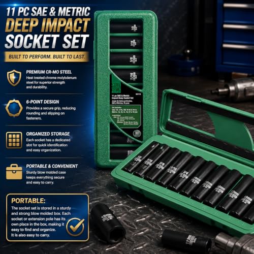 Steel Vision 11 pc 3/8 in Drive Deep Impact Socket Set,SAE & Metric， 6Point, Chrome vanadium steel，13 Pieces 3/8" Dr. Socket - size: 3/8"_11pc