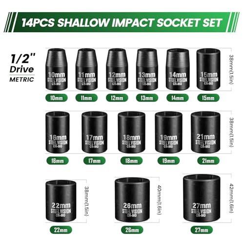 Steel Vision Tools 14-Piece 1/2" Drive Metric Shallow Impact Socket Set, CR-MO Steel 6-Point Standard Metric Sockets, 10-27mm, Heavy Duty Impact Wrench Socket Set for Automotive Repair - style: 1/2"_Metric_Shallow