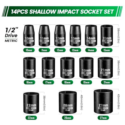Steel Vision Tools 14-Piece 1/2" Drive Metric Shallow Impact Socket Set, CR-MO Steel 6-Point Standard Metric Sockets, 10-27mm, Heavy Duty Impact Wrench Socket Set for Automotive Repair - style: 1/2"_Metric_Shallow