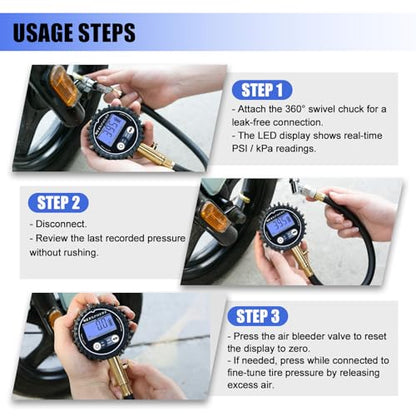 200 PSI Digital Tire Pressure Gauge – Heavy-Duty Air Pressure Gauge for Tires, Accurate Digital Tire Gauge with LED Backlight, 360° Swivel Chuck for Cars, Trucks, Motorcycles & RVs